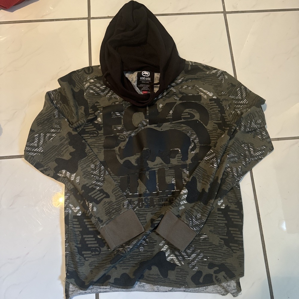 Ecko Unltd Shirt Mens XS 18x24 Black Long Sleeve Camo Hooded Y2K Streetwear Logo